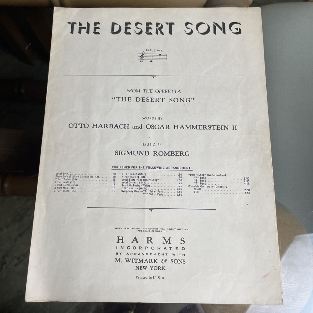 1926 Vintage Sheet Music The Desert Song Sigmund Romberg Oscar Harbach
